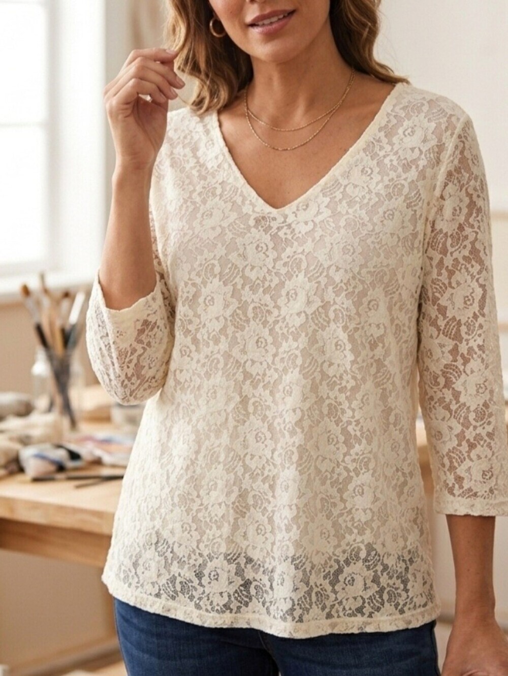 Motto Lace Top Shirt V-neck 3/4 Sleeves Womens XL